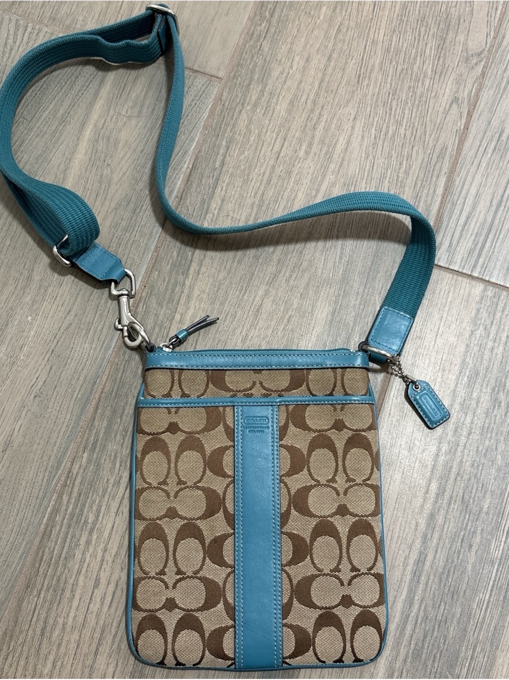 Coach Signature Canvas Leather Swingpack Crossbody Bag w/ Blue Leather trim